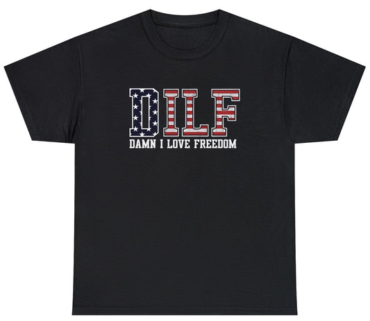Patriotic Damn I Love Freedom T-Shirt featuring humorous American pride design, perfect for casual wear and freedom lovers.