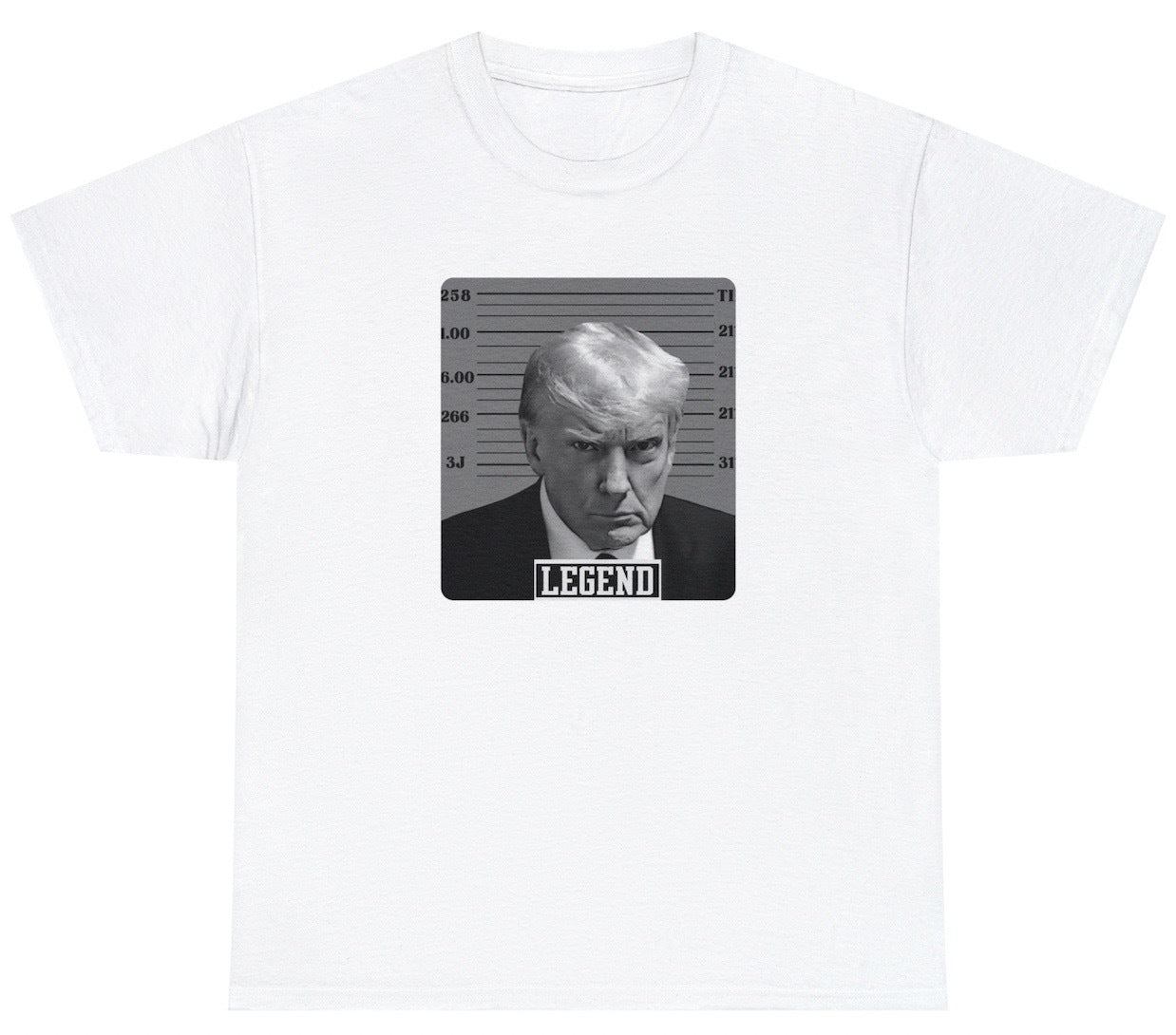 "Funny 'Donald Trump Real Mugshot Legend' t-shirt featuring political humor and Trump’s iconic mugshot, perfect for Republican supporters."