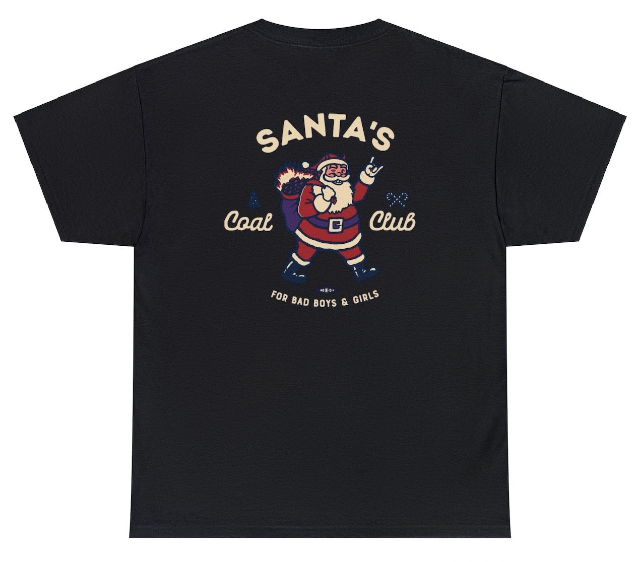 "Playful 'Santa's Coal Club' t-shirt featuring cheeky holiday humor, perfect for fans of naughty Christmas designs."