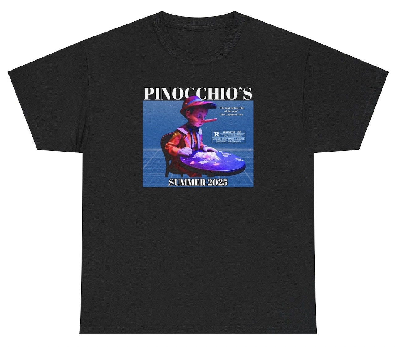 Funny "Pinocchio's Parody Movie" shirt featuring Pinocchio in a bold, edgy design with a comedic cocaine twist. Perfect for casual wear and gag gifts.