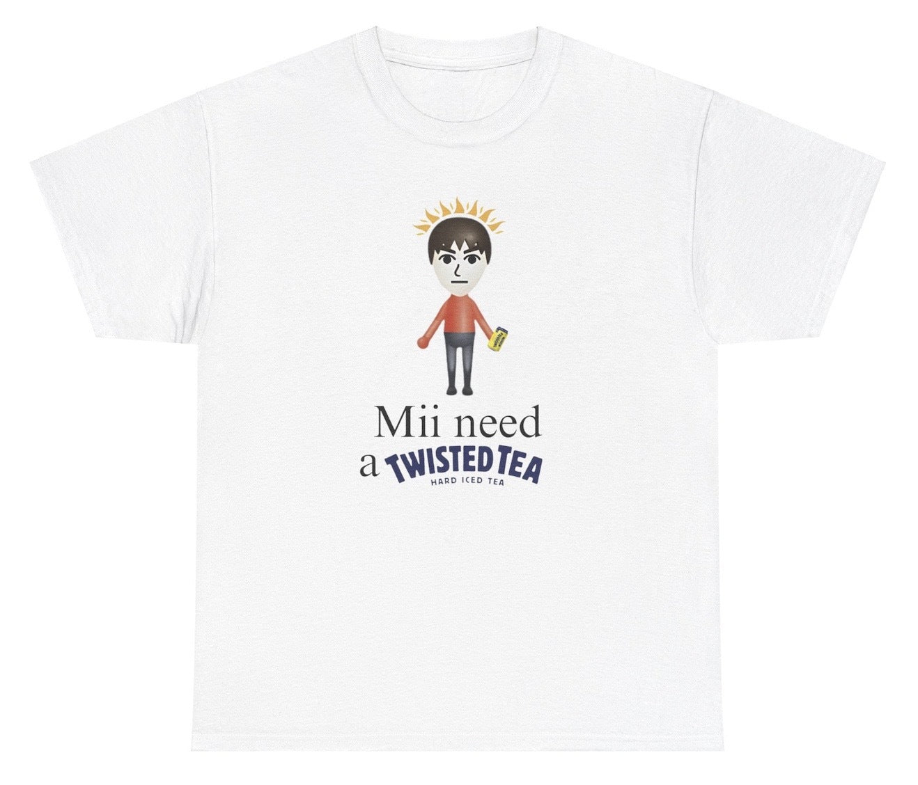 Funny "Mii Need A Twisted Tea" t shirt featuring a play on the Mii character and Twisted Tea. Perfect for fans of drink humor and wordplay. Great for casual wear or as a gag gift for Twisted Tea lovers.