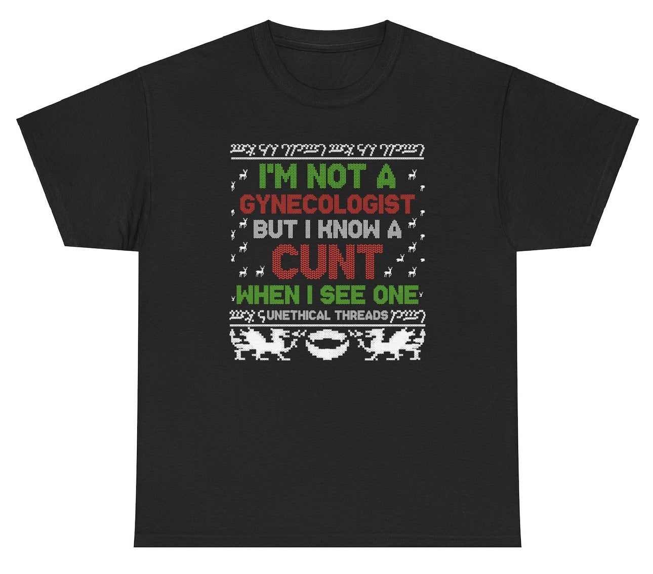 Funny "I'm Not A Gynecologist But I Know A Cunt When I See One" Christmas shirt featuring an ugly sweater font for bold holiday humor. Perfect for parties and gag gifts.
