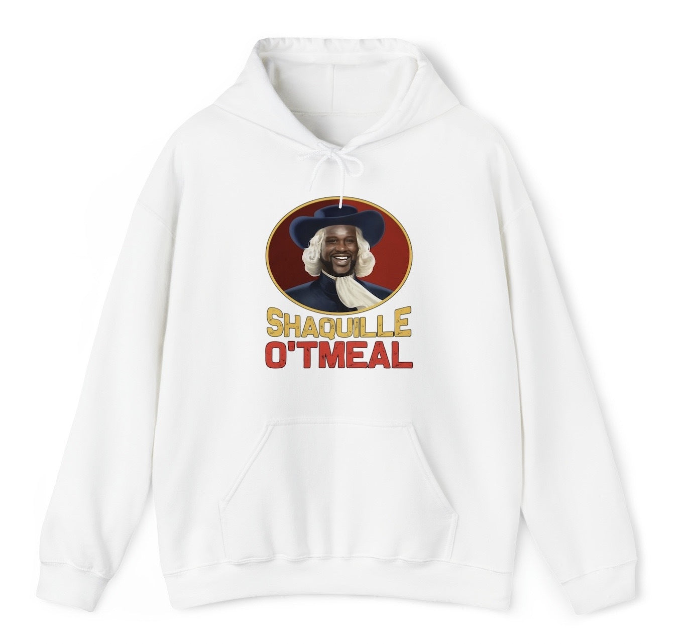 "Funny 'Shaquille O'tmeal' hoodie featuring clever wordplay with Shaq O'Neal and oatmeal, perfect for fans of sports humor and novelty designs."