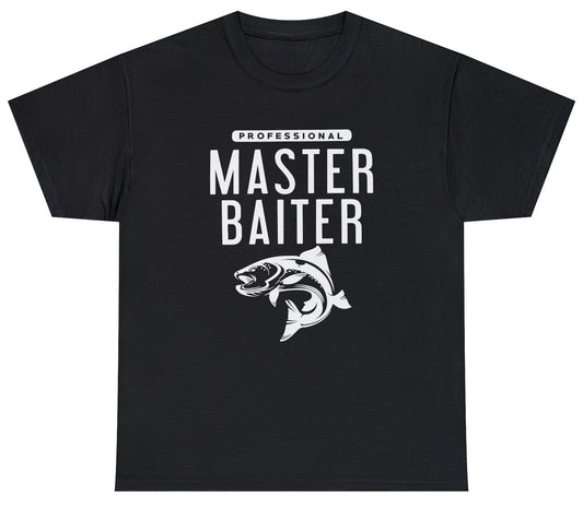 "Funny 'Master Baiter' t-shirt featuring fishing puns and inappropriate adult humor, perfect for fans of bold, cheeky designs."