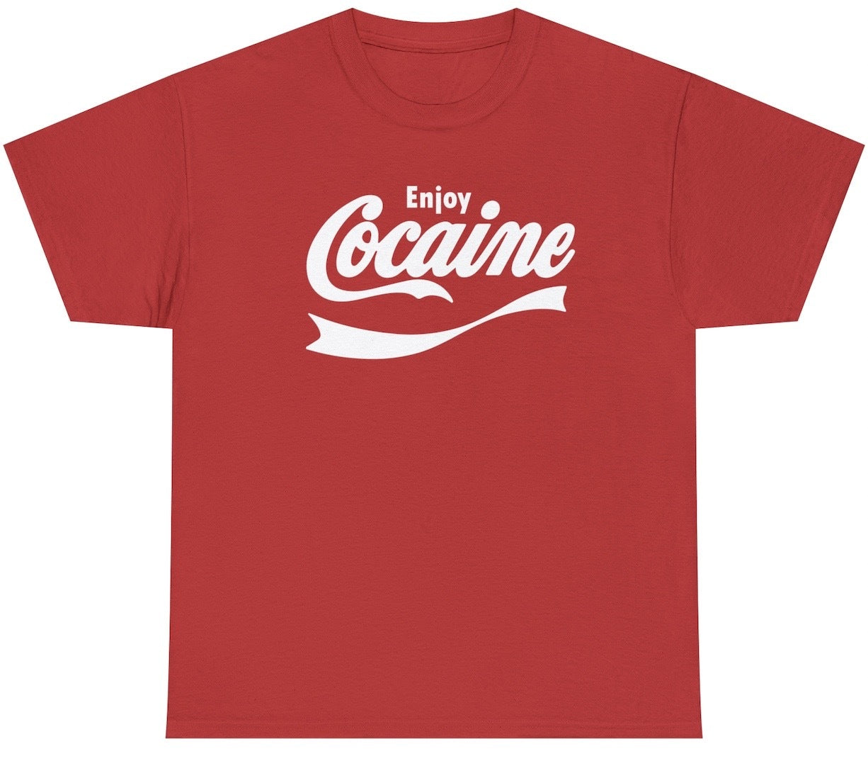 "Funny 'Enjoy Cocaine' Coca Cola parody t-shirt featuring bold, sarcastic humor, perfect for fans of edgy and rebellious designs."