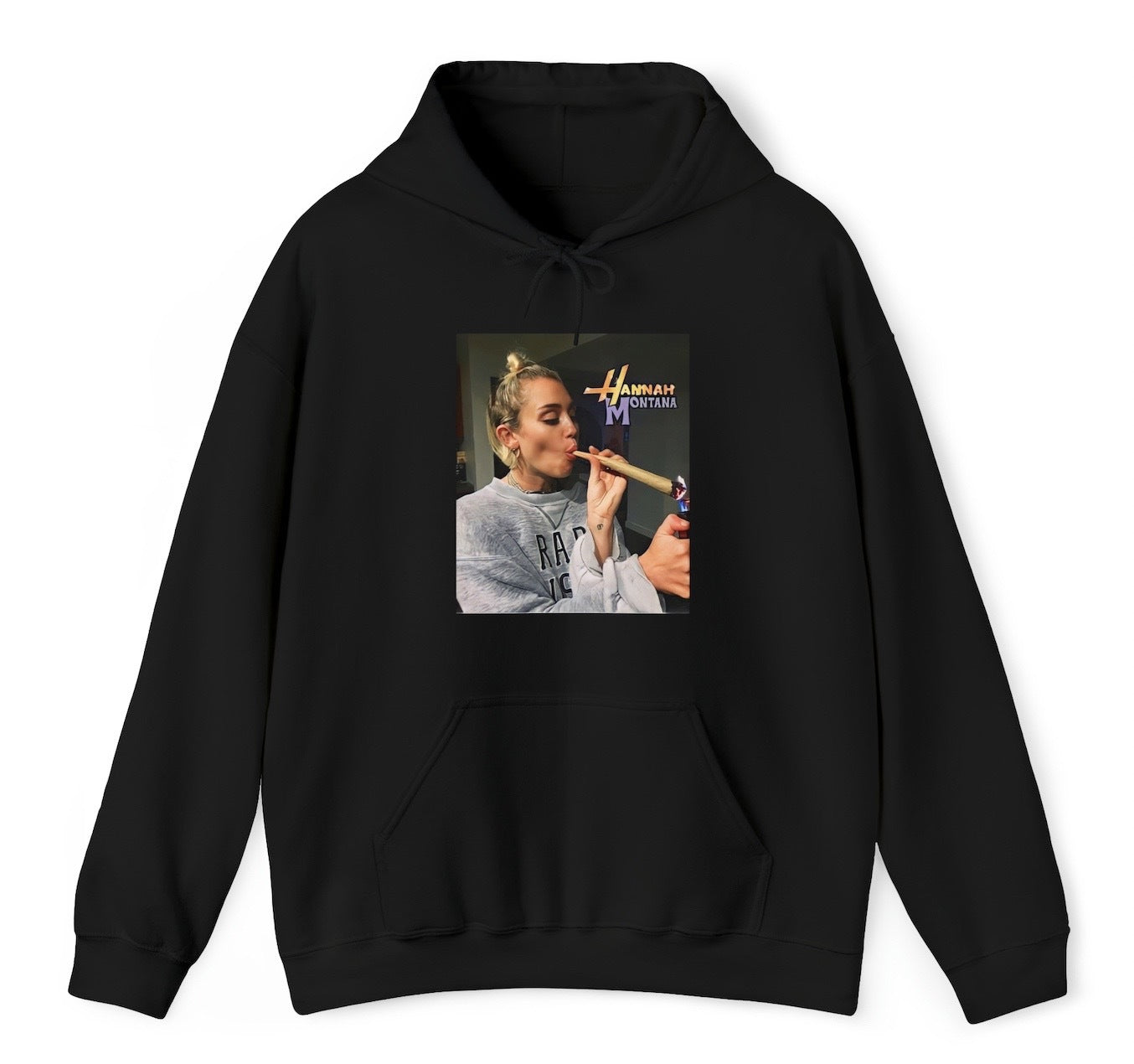 "Funny 'Hannah Montana' hoodie featuring a meme of Miley Cyrus smoking weed, perfect for fans of edgy humor and nostalgic memes."