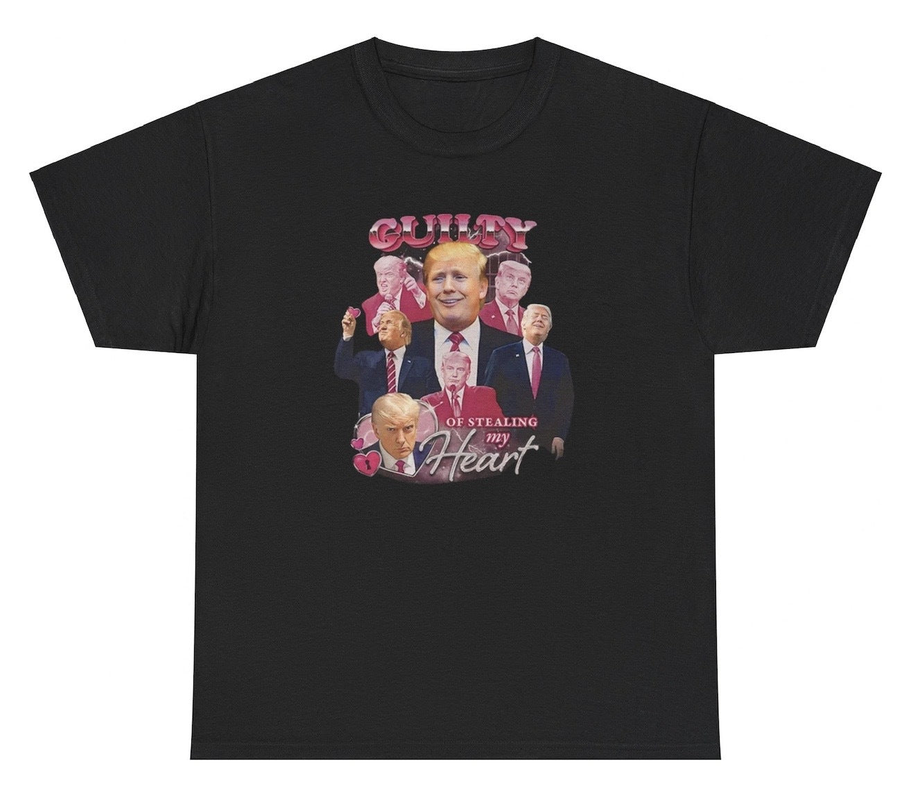 "Funny 'Guilty Of Stealing My Heart - Donald Trump' t-shirt, perfect for political humor lovers and viral memes. Great for casual wear and gifts."