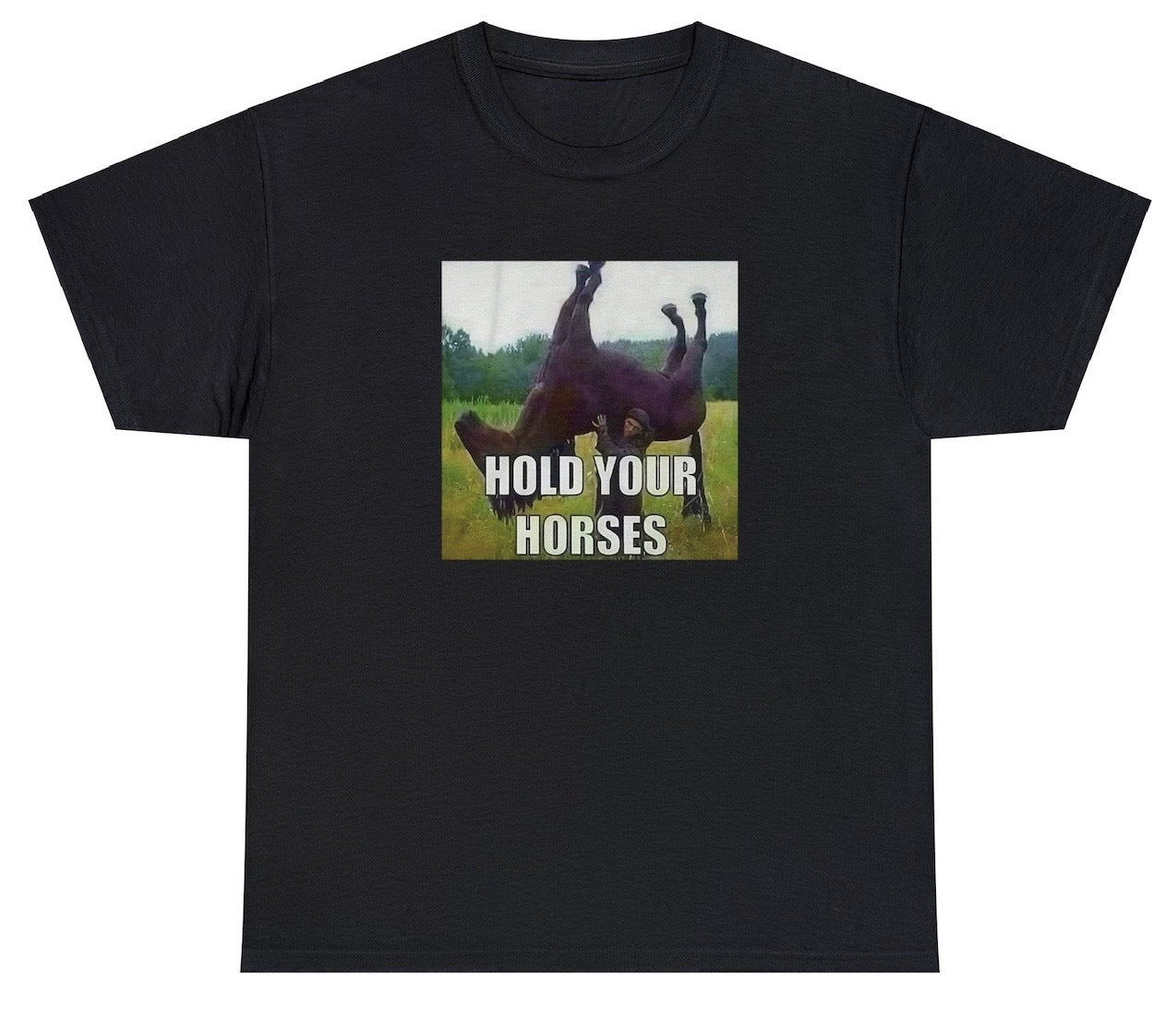 "Playful 'Hold Your Horses' t-shirt featuring clever wordplay and quirky design, perfect for fans of witty phrases and fun tees."