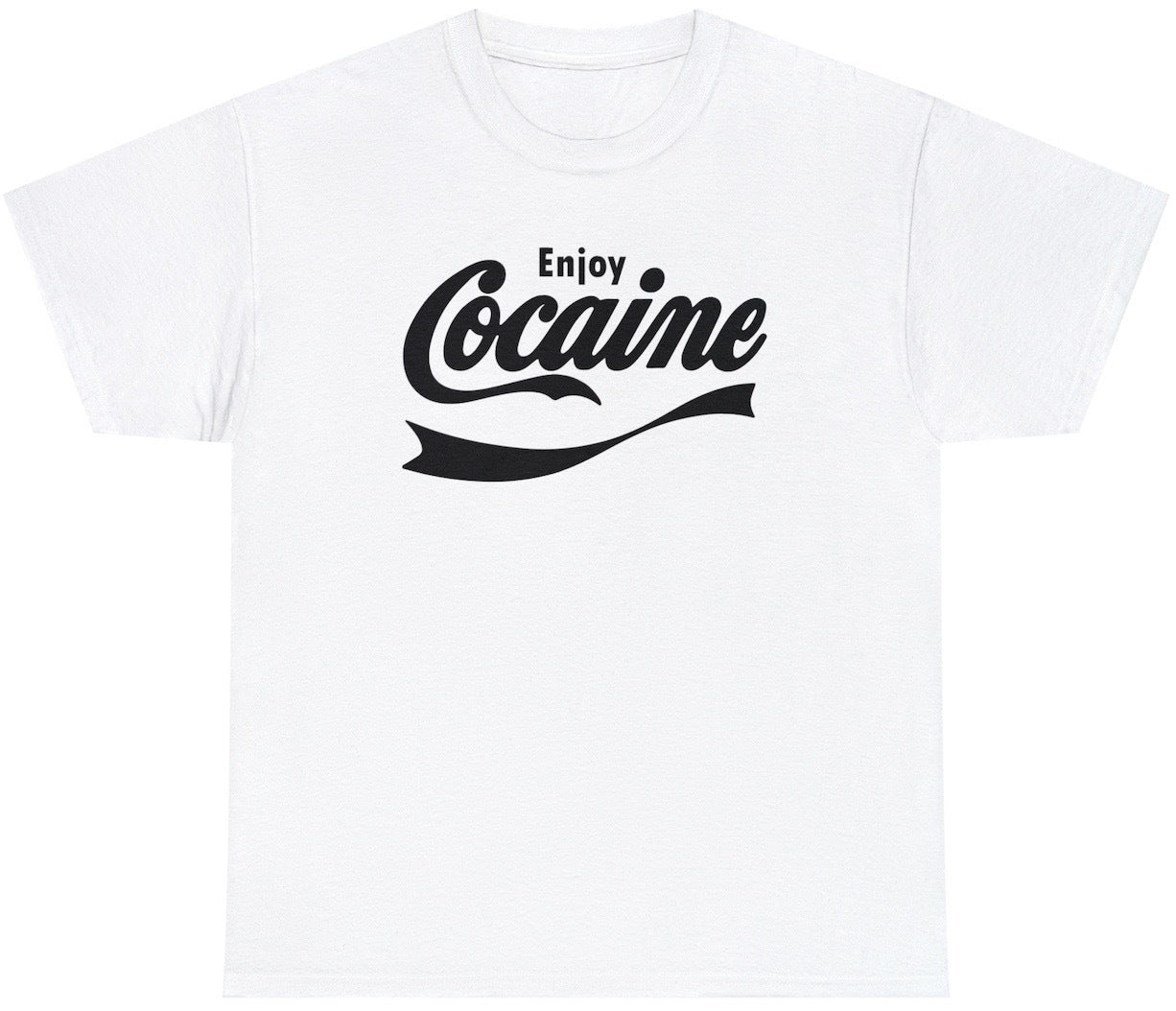 "Funny 'Enjoy Cocaine' Coca Cola parody t-shirt featuring bold, sarcastic humor, perfect for fans of edgy and rebellious designs."