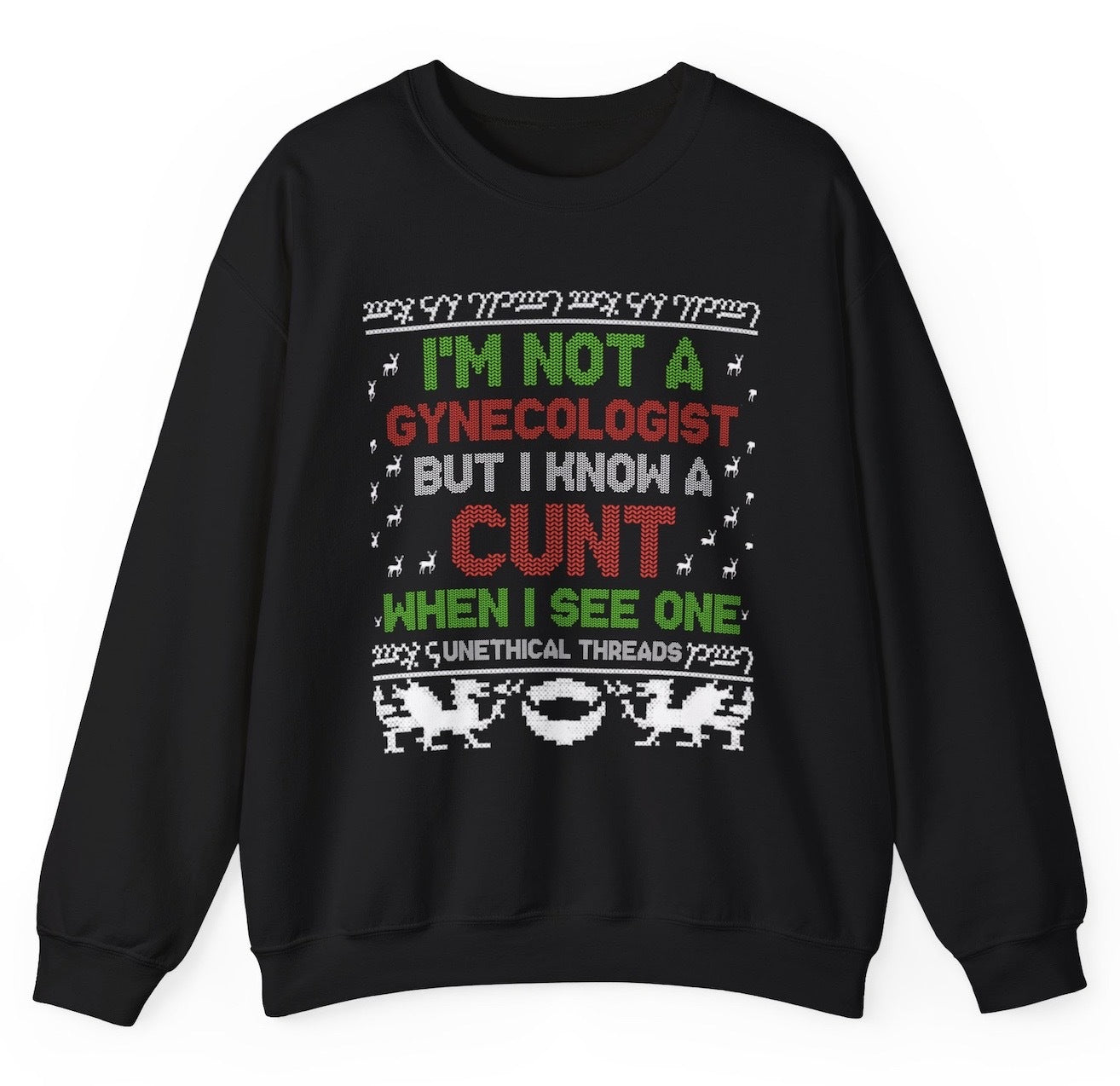 Funny "I'm Not A Gynecologist But I Know A Cunt When I See One" Christmas ugly sweater featuring bold holiday humor in a classic festive font. Perfect for parties and gag gifts.