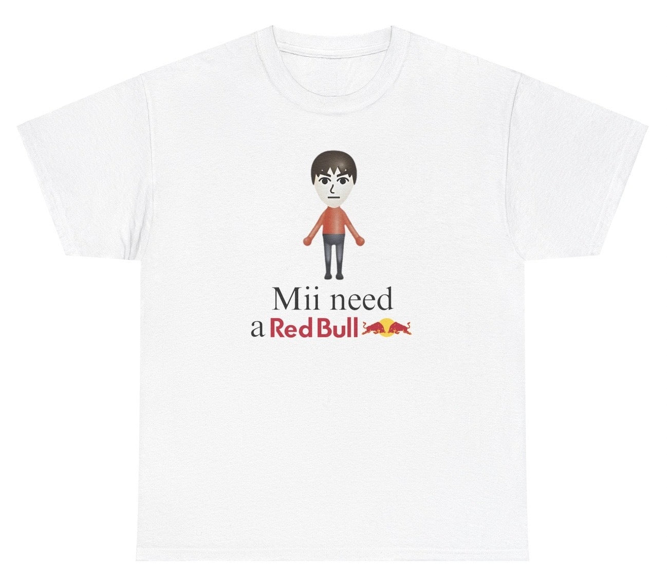"Funny 'Mii Need A Red Bull' t-shirt, perfect for energy drink lovers and fans of viral humor. Great for casual wear and gifts."