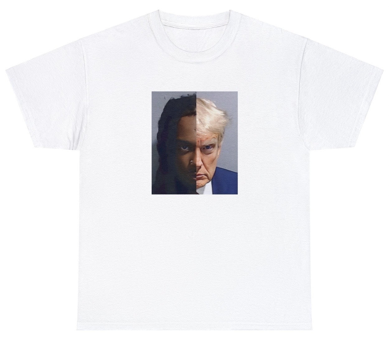 "Bold 'Playboy Carti Trump Mugshot' t-shirt featuring pop culture mashup humor, perfect for fans of rap culture and quirky designs."