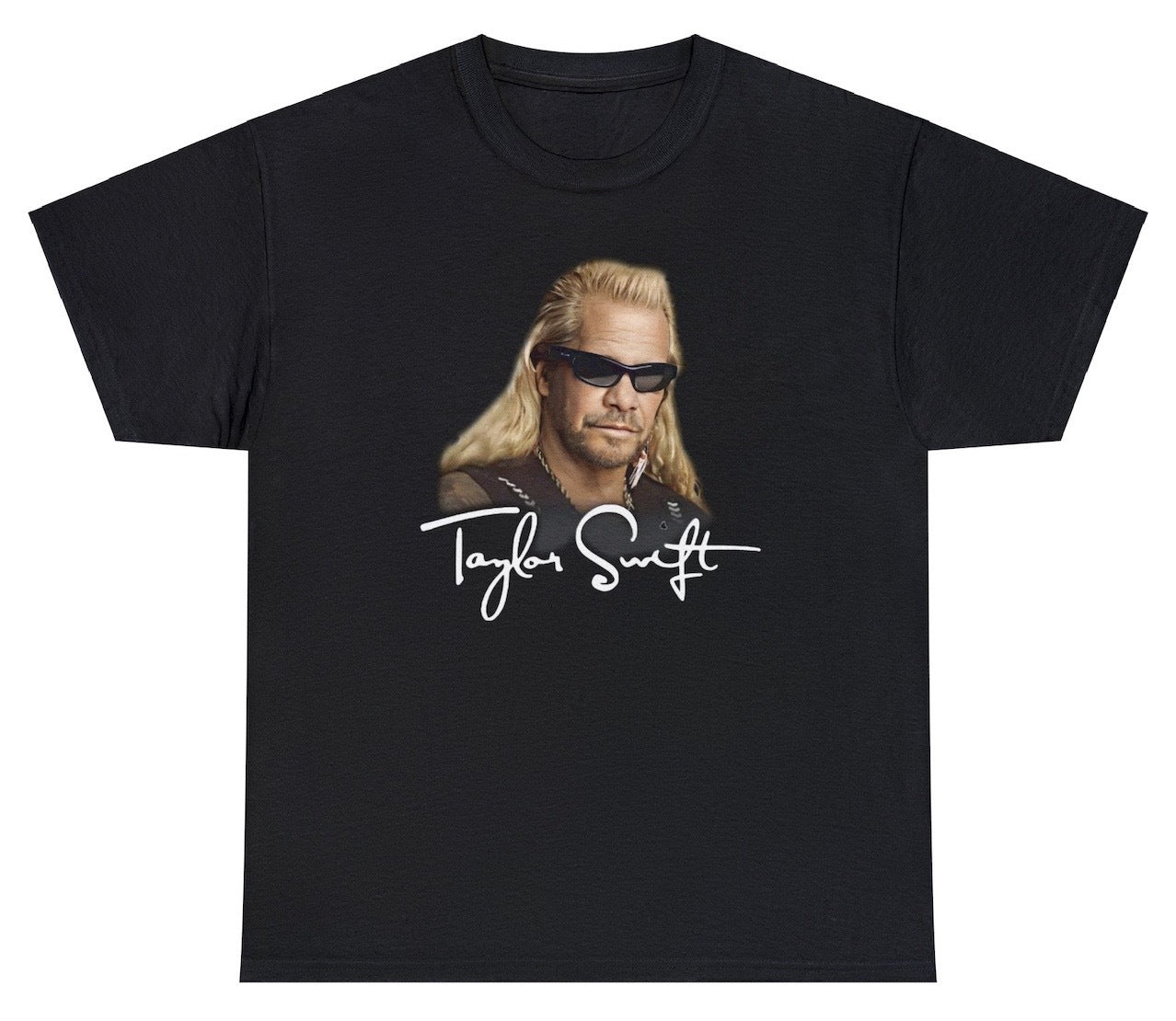"Funny 'Taylor Swift Dog The Bounty Hunter' t-shirt featuring sarcastic humor and a pop culture mashup design, perfect for fans of quirky and bold humor."