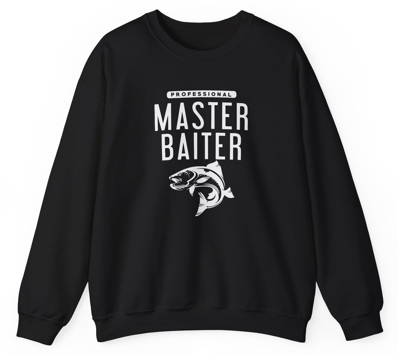 "Funny 'Master Baiter' sweatshirt featuring fishing humor, perfect for fans of cheeky jokes and adult humor. Ideal for casual wear and gifts."
