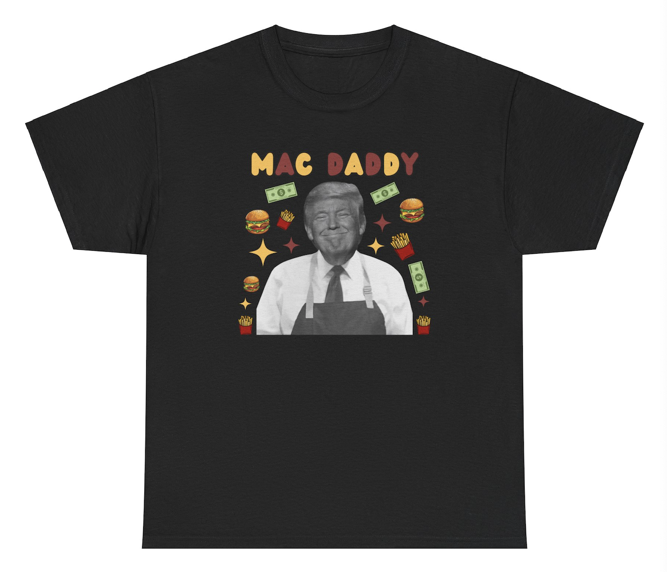 Funny "Mac Daddy" shirt featuring a Donald Trump McDonald’s graphic tied to his election campaign. Perfect for fans of fast food humor and political satire. Ideal for casual wear and gag gifts.