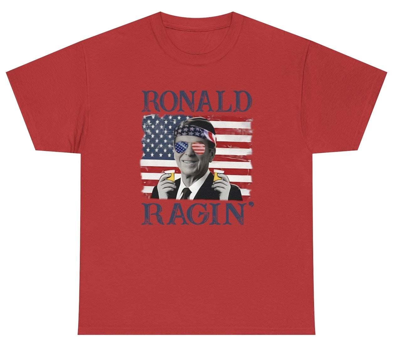 Funny Ronald Ragin T-Shirt featuring humorous Ronald Reagan design, perfect for political satire and patriotic humor lovers.