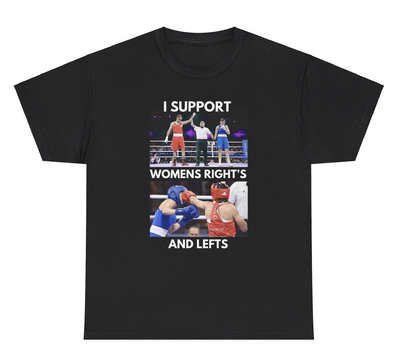Funny "I Support Womens Rights And Lefts" t shirt with a graphic of a woman throwing a left hook. Great for fans of feminist humor, wordplay, and gag gifts. Ideal for casual wear or as a bold statement piece.