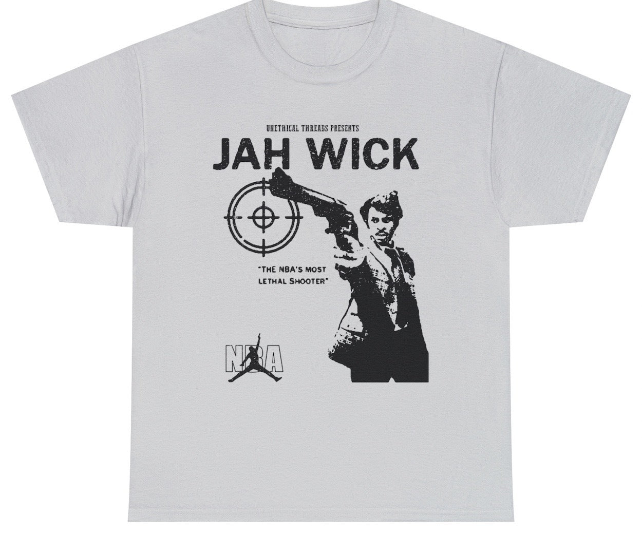 Funny Jah Wick Ja Morant Gun T-Shirt featuring dark humor and NBA meme-inspired design, ideal for basketball fans and humor lovers.