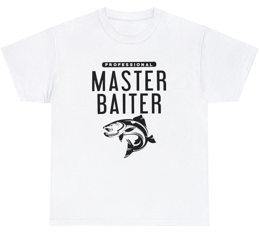 "Funny 'Master Baiter' t-shirt featuring fishing puns and inappropriate adult humor, perfect for fans of bold, cheeky designs."