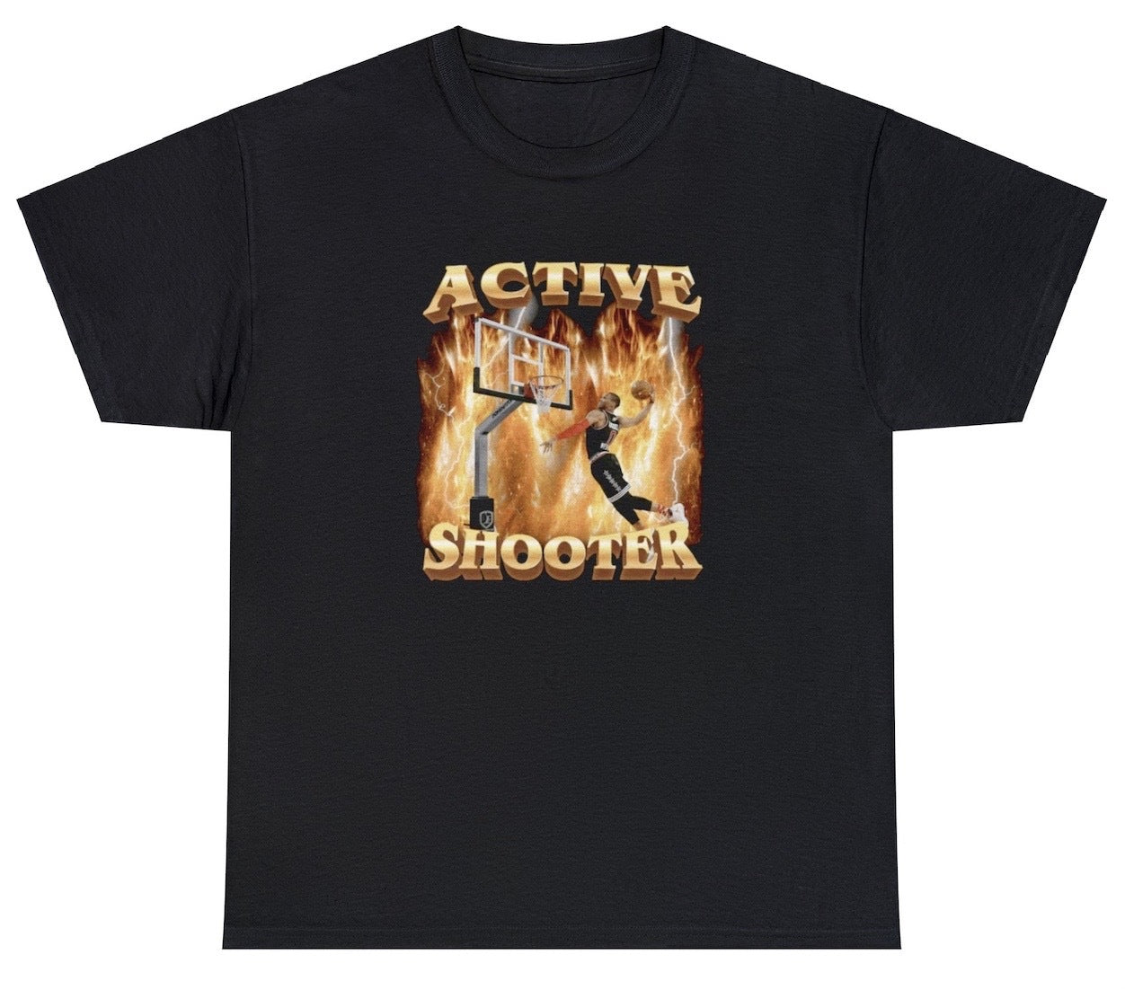 "Bold 'Active Shooter' t-shirt, perfect for fans of dark humor and provocative statements. Ideal for casual wear and conversation starters."
