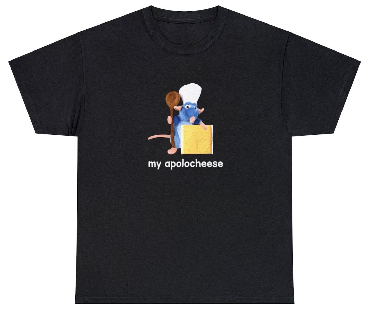 "Playful 'My Apolocheese' t-shirt, perfect for pun lovers and cheese enthusiasts. Great for casual wear and parties."