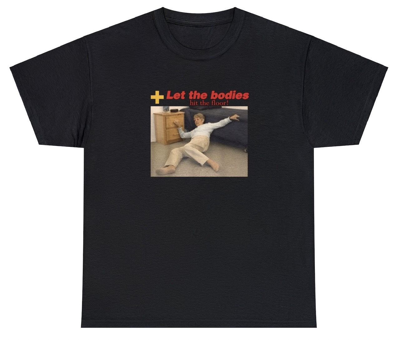 "Bold 'Let The Bodies Hit The Floor' t-shirt, perfect for fans of metal music and rebellious fashion. Ideal for casual wear and concerts."