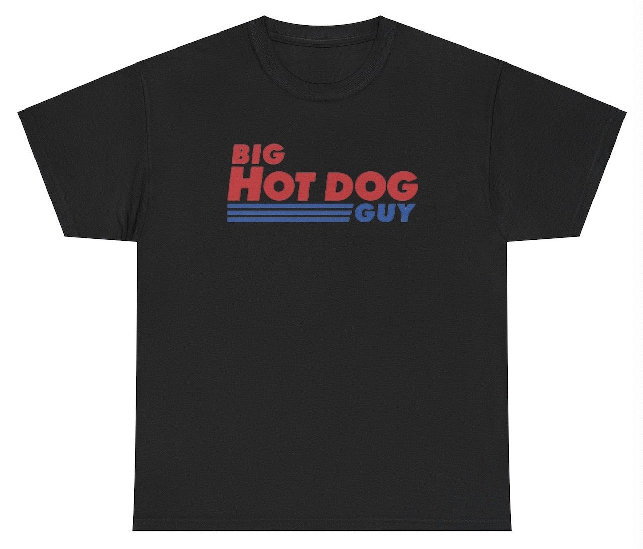 "Playful 'Big Hotdog Guy' t-shirt, perfect for food lovers and fans of humor. Great for casual wear, BBQs, and parties."