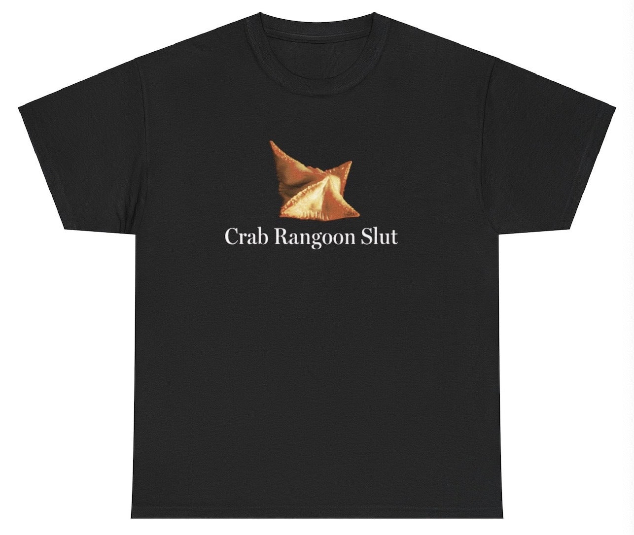 "Cheeky 'Crab Rangoon Slut' t-shirt, perfect for food lovers and humor fans. Great for casual wear and food festivals."