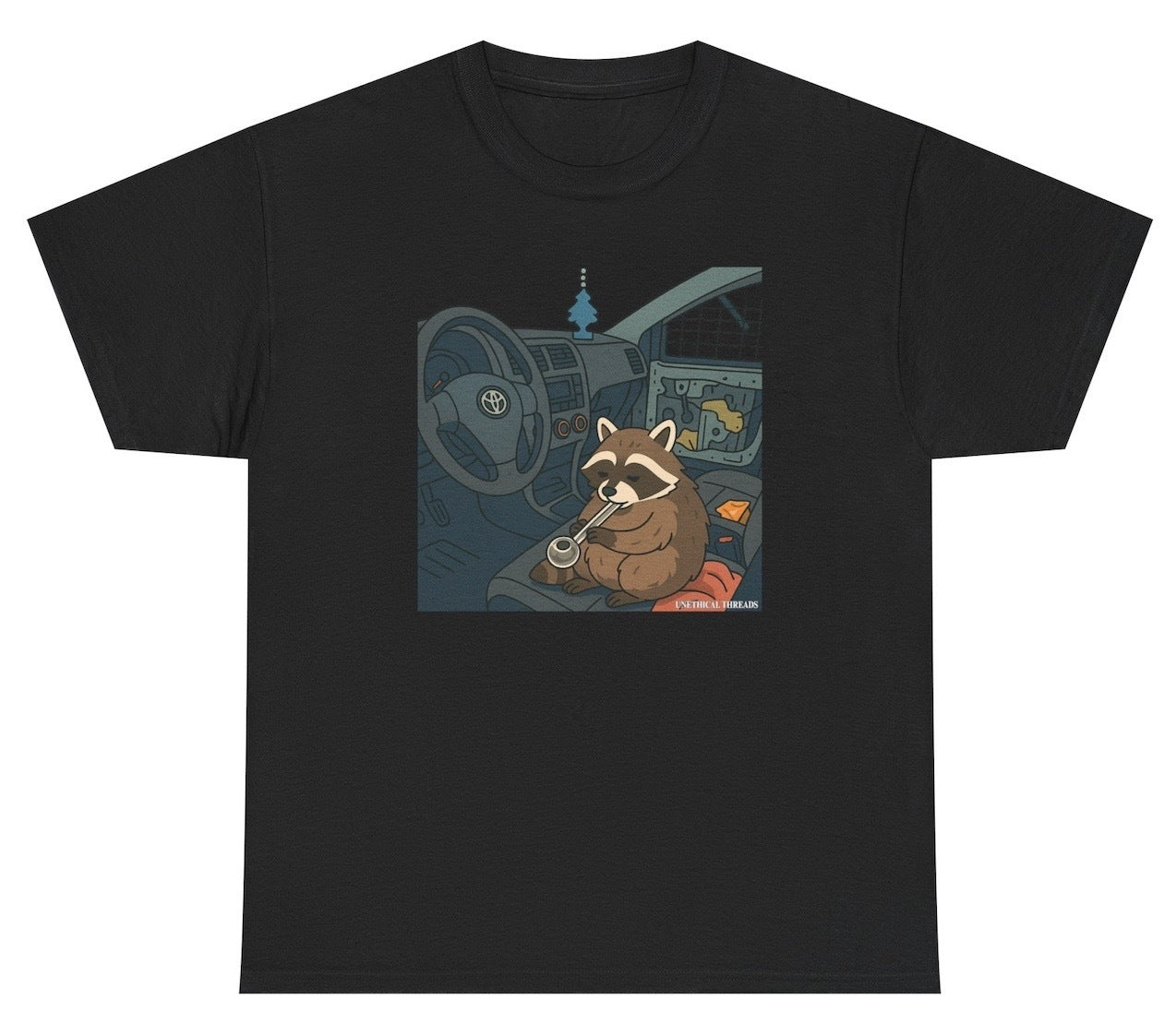 The shirt shows a graphic of Chewy The Raccoon, a raccoon that went viral on the news because it was smoking a meth pipe.