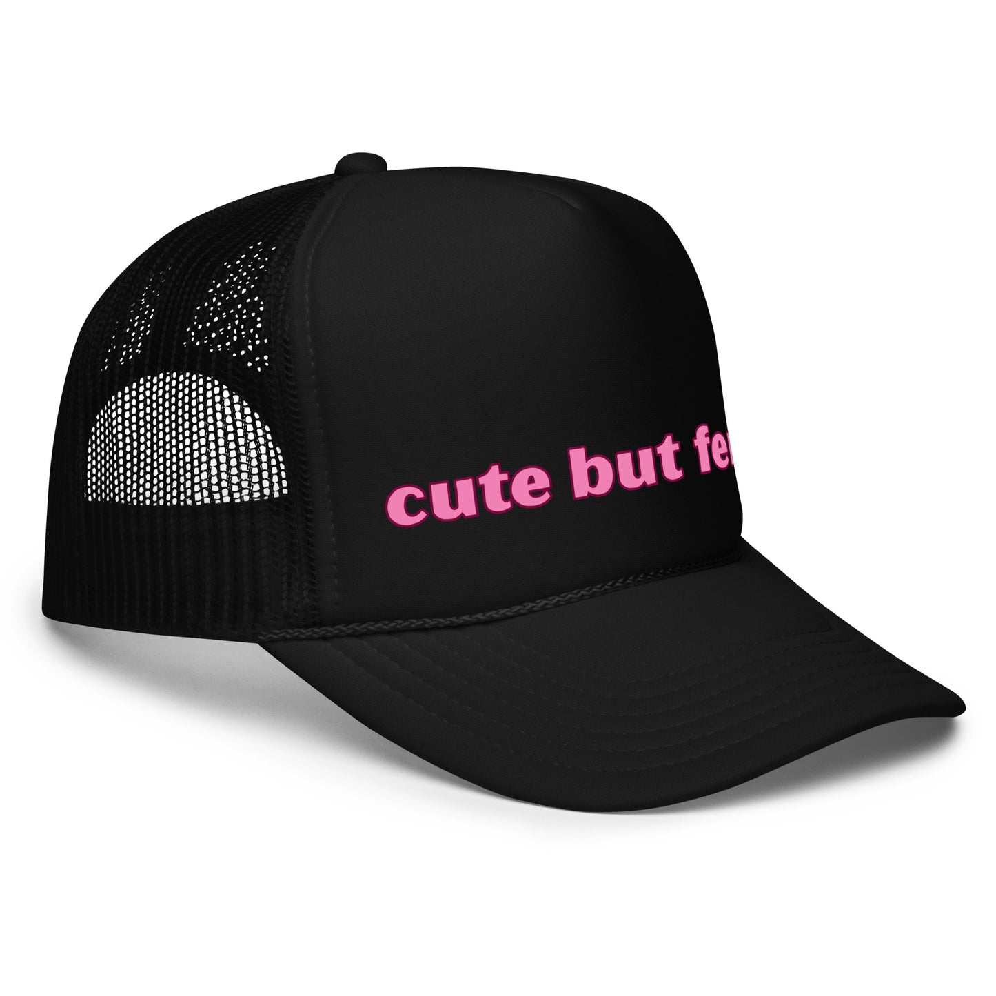 Funny mesh trucker hat for women with bold text that says “Cute But Feral” — a hilarious and inappropriate hat with a wild saying, perfect for girls' nights, festivals, and fans of crazy hats with bold personality.