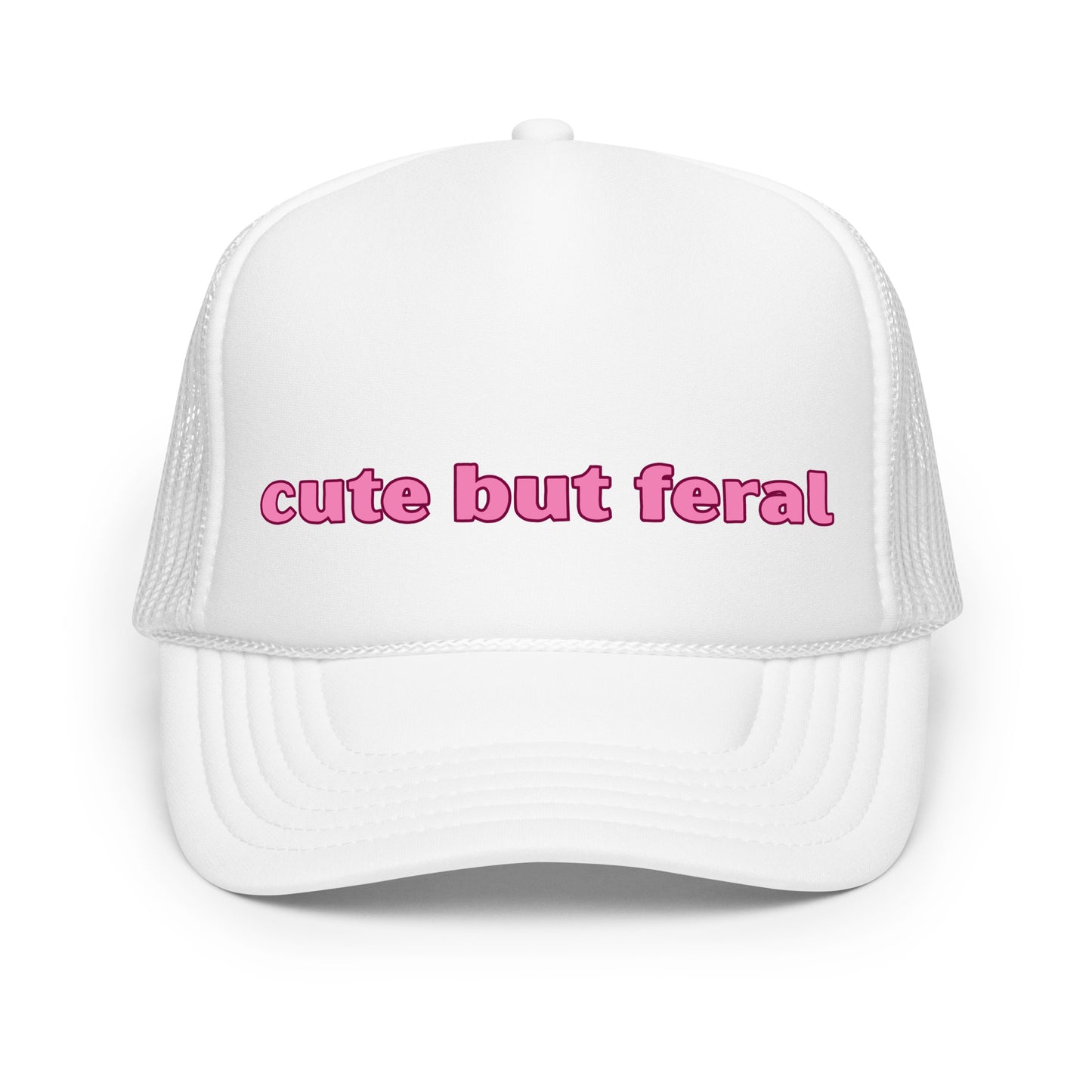 Funny mesh trucker hat for women with bold text that says “Cute But Feral” — a hilarious and inappropriate hat with a wild saying, perfect for girls' nights, festivals, and fans of crazy hats with bold personality.