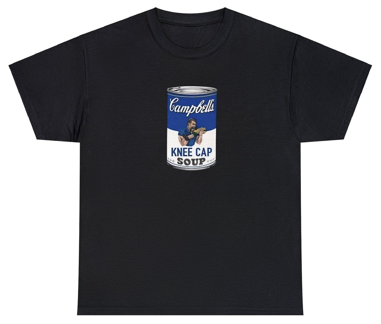 "Playful 'Dan Campbell Kneecap Soup' t-shirt, perfect for football fans and sports humor enthusiasts. Ideal for game day and casual wear."