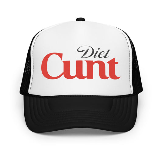 Crazy funny trucker hat for men with bold parody text styled like a soda logo that says “Diet Cunt” — an inappropriate mesh-back hat for fans of offensive humor, hilarious hat sayings, and unhinged party energy.