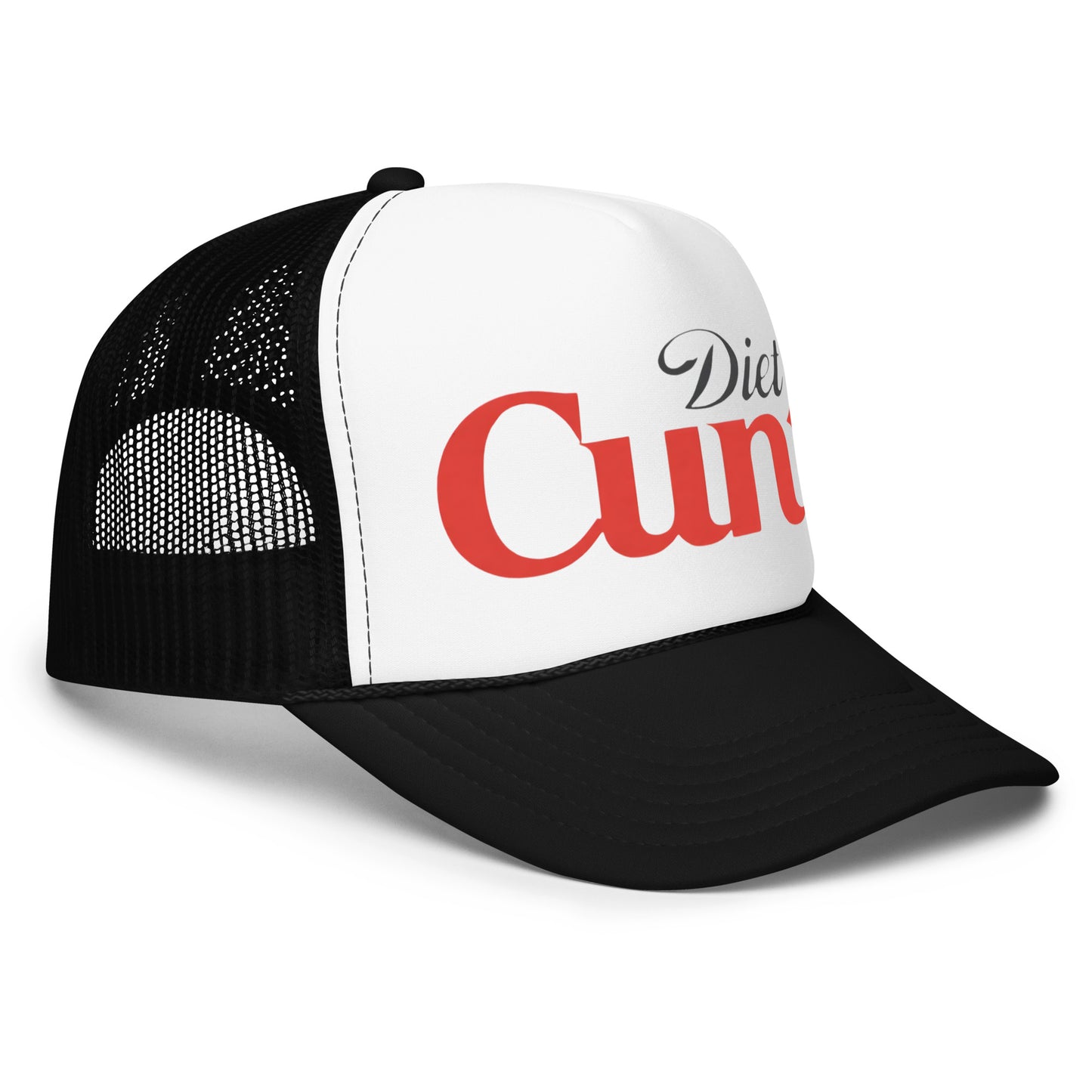 Crazy funny trucker hat for men with bold parody text styled like a soda logo that says “Diet Cunt” — an inappropriate mesh-back hat for fans of offensive humor, hilarious hat sayings, and unhinged party energy.