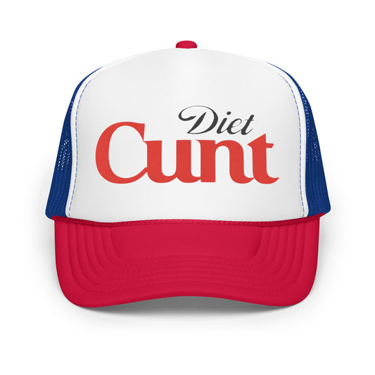 Crazy funny trucker hat for men with bold parody text styled like a soda logo that says “Diet Cunt” — an inappropriate mesh-back hat for fans of offensive humor, hilarious hat sayings, and unhinged party energy.