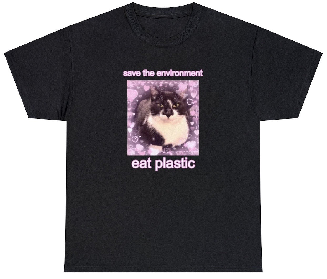"Bold 'Save The Environment Eat Plastic' t-shirt, perfect for fans of dark humor and eco-ironic statements. Ideal for casual wear and funny gifts."