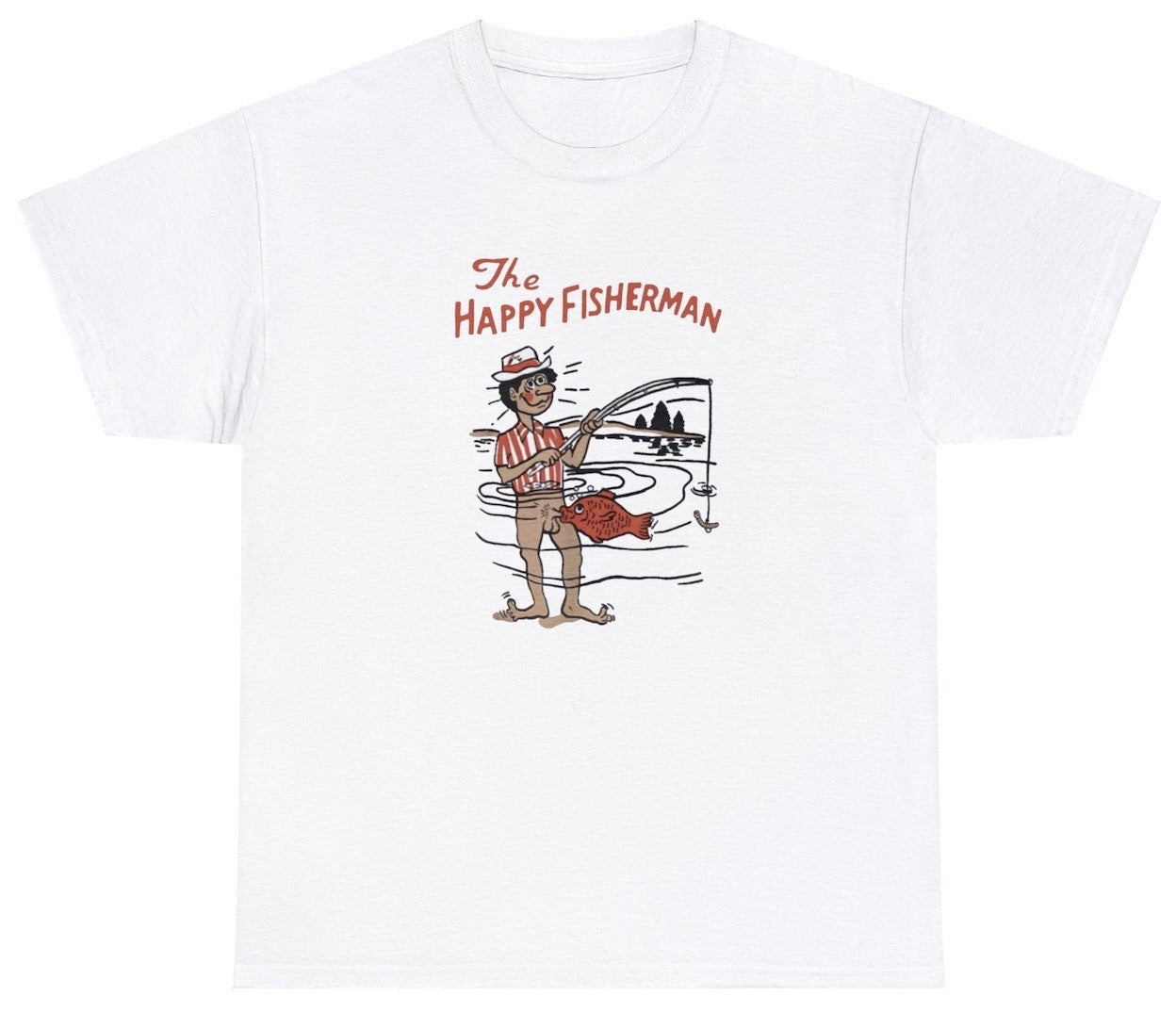 "Cheerful 'The Happy Fisherman' t-shirt, perfect for fans of fishing and outdoor adventures. Ideal for casual wear and fishing trips."