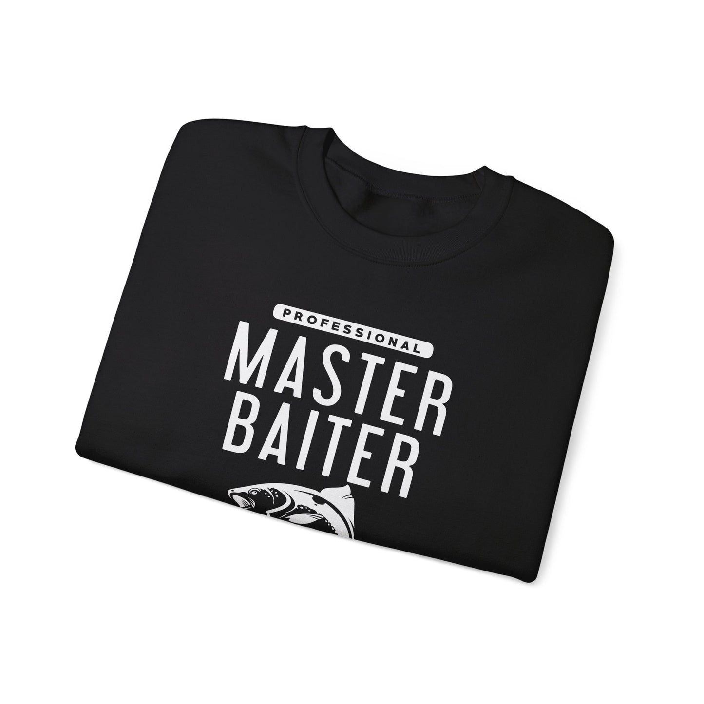 "Funny 'Master Baiter' sweatshirt featuring fishing humor, perfect for fans of cheeky jokes and adult humor. Ideal for casual wear and gifts."