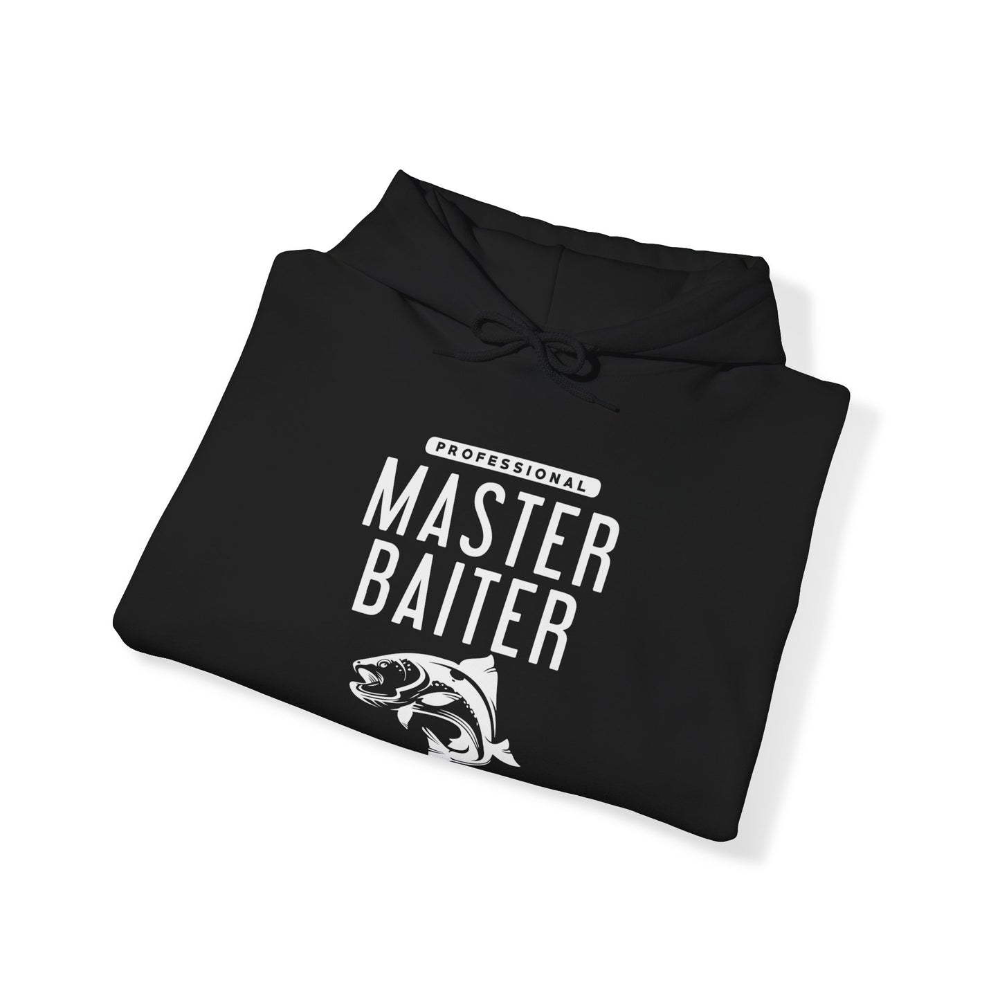 "Funny 'Master Baiter' hoodie featuring inappropriate fishing humor, perfect for adult humor fans and fishing enthusiasts."
