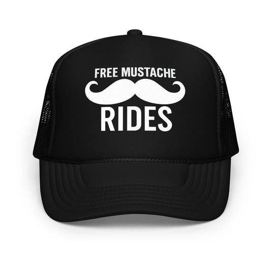 Inappropriate funny mesh trucker hat for men with bold white text reading “Free Mustache Rides” on a black foam front and mesh back — hilarious headwear for parties, bar crawls, or anyone who loves funny hat sayings.