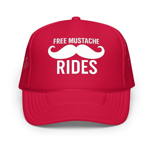 Inappropriate funny mesh trucker hat for men with bold white text reading “Free Mustache Rides” on a red foam front and mesh back — hilarious headwear for parties, bar crawls, or anyone who loves funny hat sayings.