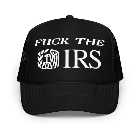 Inappropriate funny trucker hat for men with bold white text that says “Fuck The IRS” — a top-selling crazy mesh hat with hilarious sayings, perfect for parties, tax season rage, drinking nights, and fans of funny hats for men.