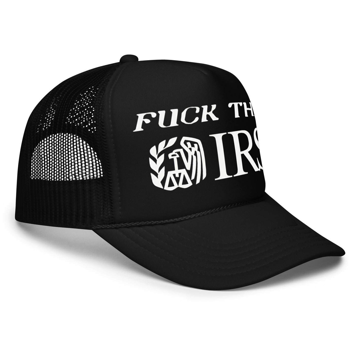 Inappropriate funny trucker hat for men with bold white text that says “Fuck The IRS” — a top-selling crazy mesh hat with hilarious sayings, perfect for parties, tax season rage, drinking nights, and fans of funny hats for men.