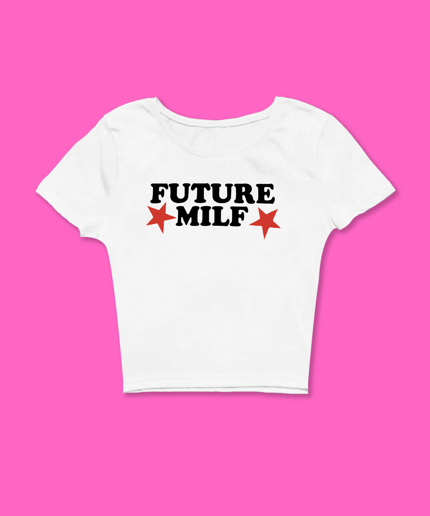 Future Milf Baby Tee featuring a bold graphic and Y2K aesthetic. This funny baby tee is a women’s crop top available as a black baby tee or white baby tee, perfect for those who love graphic baby tees and Y2K baby tee fashion.
