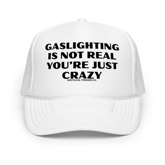 Funny mesh trucker hat for men with bold text that says “Gaslighting Is Not Real You're Just Crazy” — a hilarious and inappropriate hat with wild sayings, perfect for parties, edgy humor fans, and lovers of crazy funny hats for men.