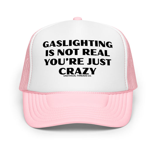 Funny mesh trucker hat for men with bold text that says “Gaslighting Is Not Real You're Just Crazy” — a hilarious and inappropriate hat with wild sayings, perfect for parties, edgy humor fans, and lovers of crazy funny hats for men.