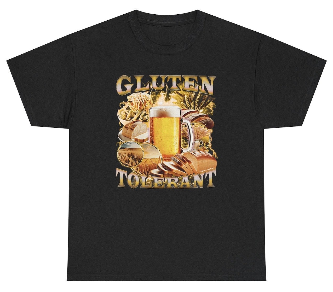 Funny Gluten Tolerant T-Shirt featuring food humor and meme-inspired design, perfect for a pump cover wear and for humor lovers.