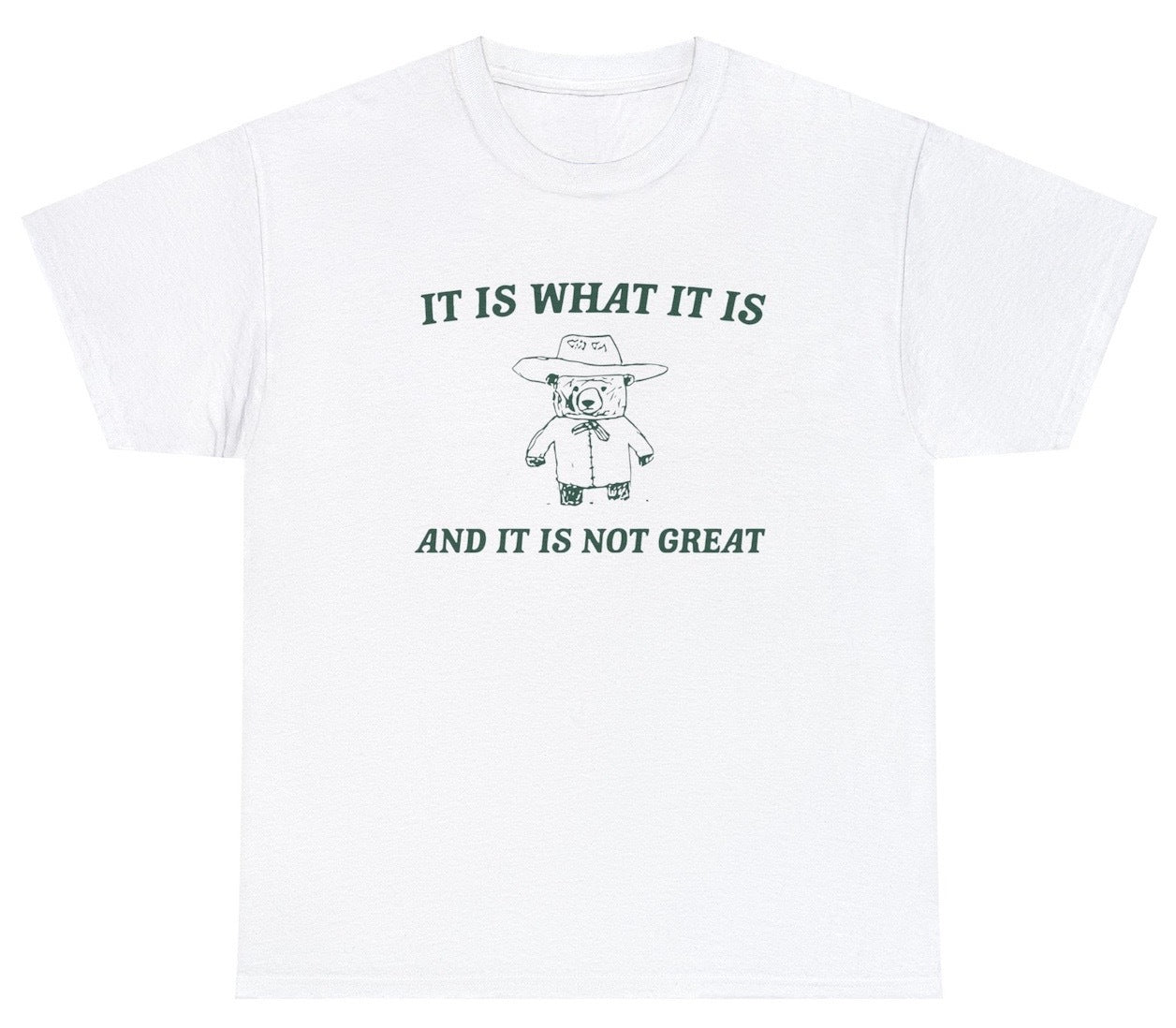 "Funny 'It Is What It Is And It’s Not Great' t-shirt featuring sarcastic humor, perfect for fans of relatable and witty designs."