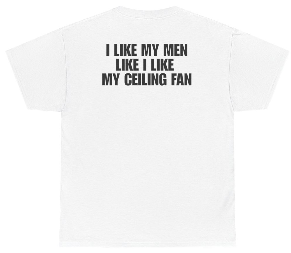 Funny I Like My Men Like I Like My Ceiling Fan Tee (BACKPRINT) T-Shirt featuring bold sarcastic humor and graphic design, perfect for casual wear and humor lovers