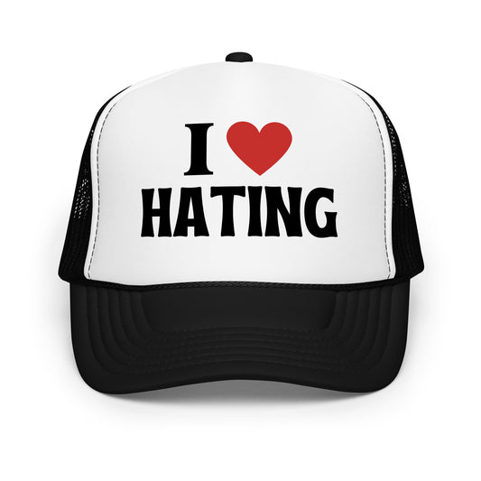 Funny mesh trucker hat with bold white text that says “I Love Hating” — a hilarious hat for men featuring sarcastic humor, crazy energy, and top funny hat sayings perfect for everyday wear, parties, or gifting.